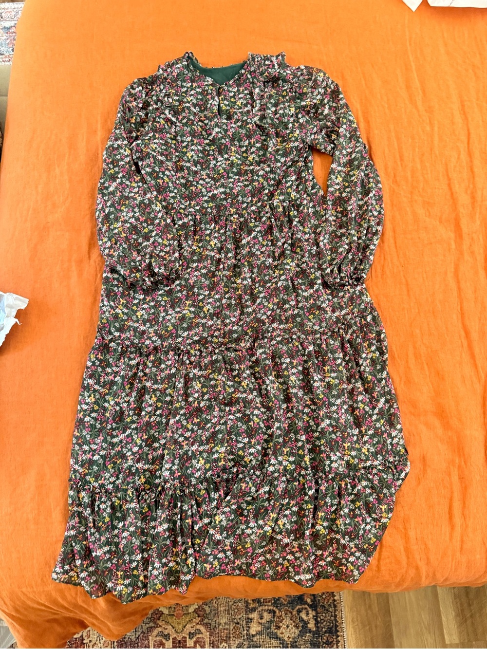 Women’s Floral Long Sleeve Ruffle Dress - Green Pink - Picture 2 of 6